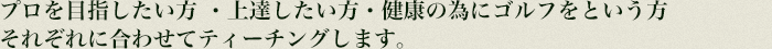 プロを目指したい方 ・上達したい方・健康の為にゴルフをという方
それぞれに合わせてティーチングします。